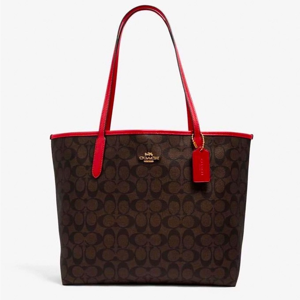 NWOT Coach City Tote Monogram with Red Leather Straps!